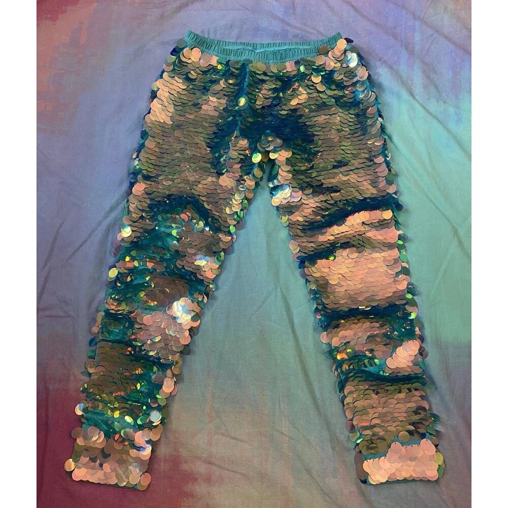 ROSA BLOOM Indus Sequin Rave Leggings Chameleon Festival Blue Pink Sz M/L Dance